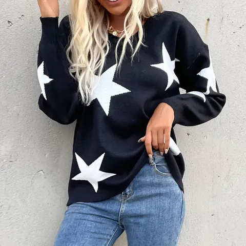 Jersey de Punto para Mujer Estampado Estrellas Casual Suelto Manga Larga Cuello Redondo Poliéster Moda Otoño