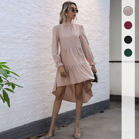 Women Elegant Solid Color Tiered Cake Dress High-Low Hem Mock Neck Flare Sleeve Back Tie Party Midi Dress Polyester Spandex