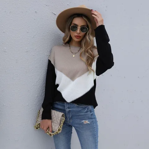 Suéter Casual de Bloques de Color para Mujer Cuello Redondo Manga Larga 100% Poliéster Patchwork Jersey Ajuste Holgado Otoño Invierno