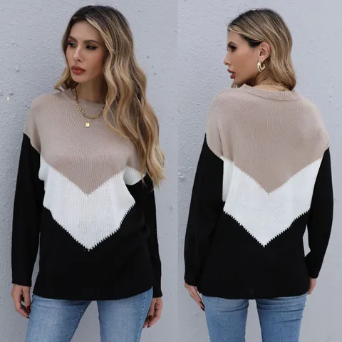 Suéter Casual de Bloques de Color para Mujer Cuello Redondo Manga Larga 100% Poliéster Patchwork Jersey Ajuste Holgado Otoño Invierno