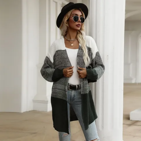 Cárdigan de Punto Casual para Mujer Bloque de Color Manga Larga Cuello en V Abierto Delantero Suéter de Poliéster Otoño Invierno