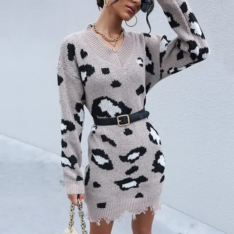 Women Leopard Print V Neck Distressed Knit Dress Loose Long Sleeve Pullover Sweater Dress Khaki Casual Streetwear Outfits