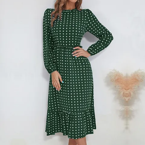Women's Vintage Polka Dot Midi Dress Elegant Round Neck Long Sleeve Ruched High Waist Ruffle Hem Casual Party Dress