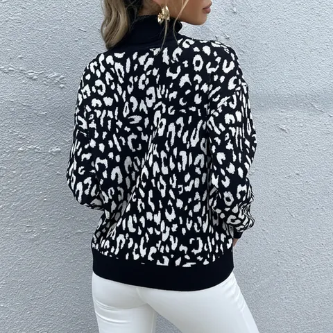 Pull en Tricot Décontracté pour Femmes Imprimé Léopard Col Montant Manches Longues Poignet Côtelé Pull-over Chaud Hiver Mode