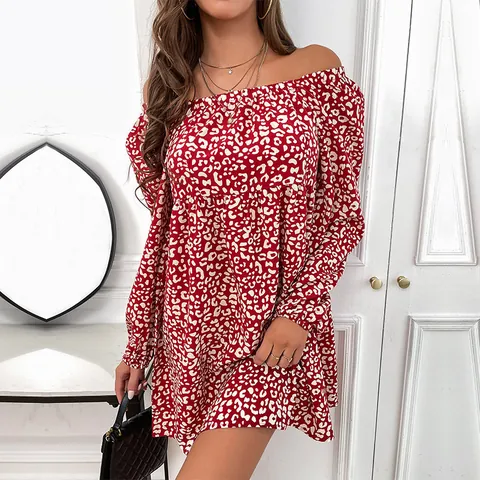 Abito Mini da Donna Con Spalle Scoperte Stampa Leopardata Elegante Autunno Manica Lunga Tunica Larga Con Volant per Casual Festa