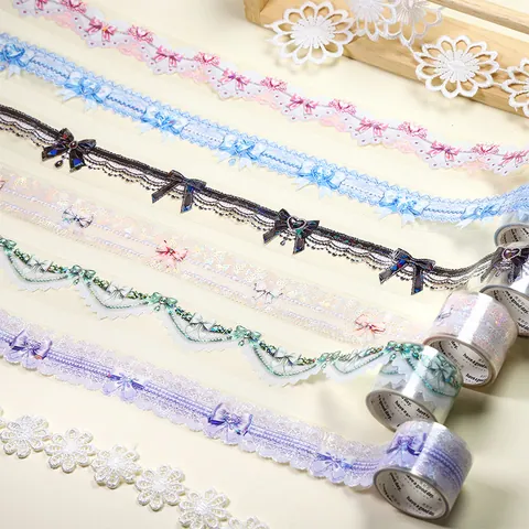 Ruban Adhésif Décoratif en PET Avec Finition Éclat de Coquille Dentelle Perle Nœud Cœur Holographique Washi Tape Pour Scrapbooking DIY Journaling