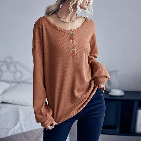 Top Casual de Punto de Gofre para Mujer Manga Larga Cuello Henley Color Sólido Mezcla Algodón Botones Corte Holgado