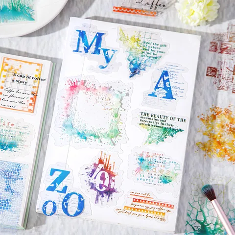 Juego de Pegatinas de PET Artísticas con Textura de Acuarela Ode To Colors Material de Diario DIY Letras Números Vintage Pegatinas Decorativas