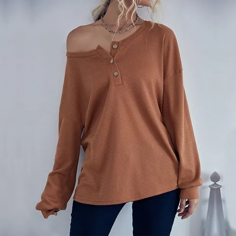 Top Casual de Punto de Gofre para Mujer Manga Larga Cuello Henley Color Sólido Mezcla Algodón Botones Corte Holgado
