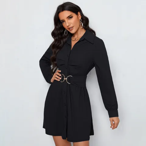 Women Elegant Solid Color Long Sleeve Shirt Dress Slim Fit Lapel Belted A-Line Mini Dress Office Commuter Polyester Outfits