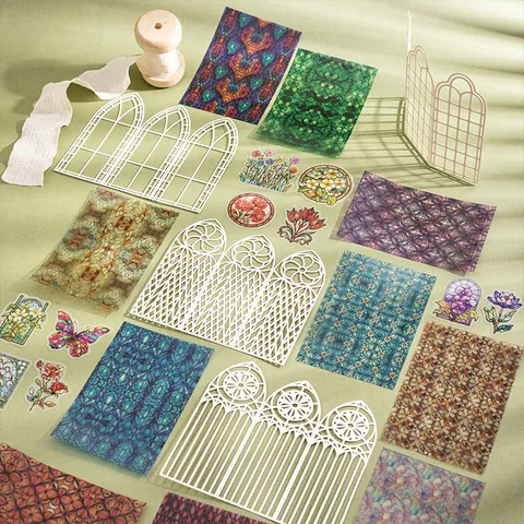 Vintage Stained Glass Window DIY Scrapbooking Material Kit PET Stickers Laser Cut Cardstock For Journal Decoration Craft Gift