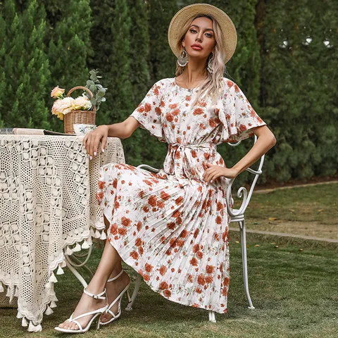 Vestito da Donna Estivo a Fiori con Maniche a Volant Midi Plissettato Boho Vintage Cintura Girocollo Linea A Vacanza Festa