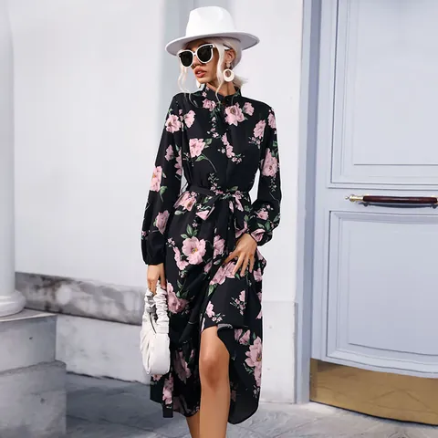 Women's Elegant Floral Print Mock Neck Long Sleeve Chiffon A-Line Maxi Dress High Waist Flowy Party Long Dress