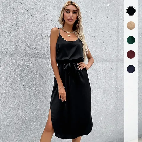 Women Elegant Spaghetti Strap Satin Midi Dress Solid Color Side Slit Sleeveless Tie Waist Party Evening Cami Dress