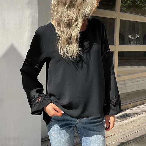 Women Casual Solid Color Round Neck Long Sleeve Blouse With Lace Patchwork Hollow Out Elegant Polyester Shirt Top Black