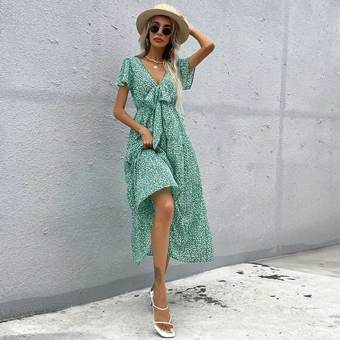 Abito da Donna Estivo con Stampa Floreale Scollo a V Manica a Volant Fiocco Abito Midi a Trapezio Casual Spiaggia Vacanza