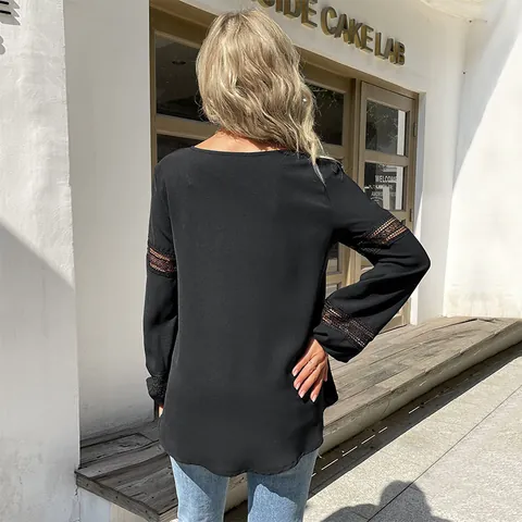 Women Casual Solid Color Round Neck Long Sleeve Blouse With Lace Patchwork Hollow Out Elegant Polyester Shirt Top Black