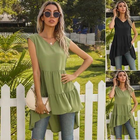 Top da Donna con Scollo a V Senza Maniche con Volant Orlo Asimmetrico a Strati Tinta Unita Blusa Casual Estiva Tunica