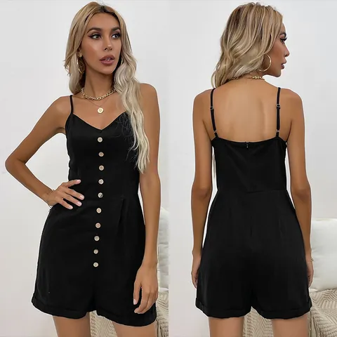 Women Casual V Neck Romper Spaghetti Strap Button Down Short Jumpsuit With Pockets Solid Color Summer Sleeveless Playsuit