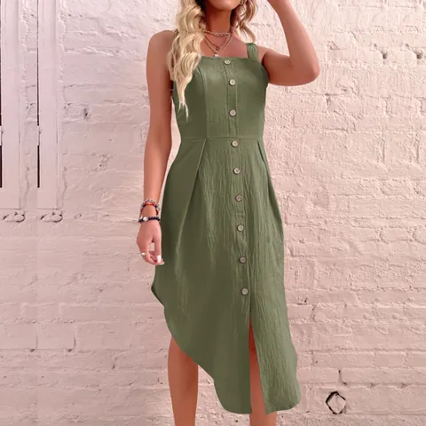 Women's Summer Cotton Linen Feel Midi Dress Square Neck Button Down Sleeveless Irregular Slit Hem Casual Vacation Sun Dress