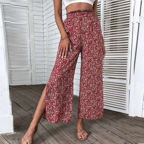 Pantalones De Pierna Ancha Con Cintura Alta Fruncida Y Estampado Floral Para Mujer Pantalones Cortos De Viscosa Informales