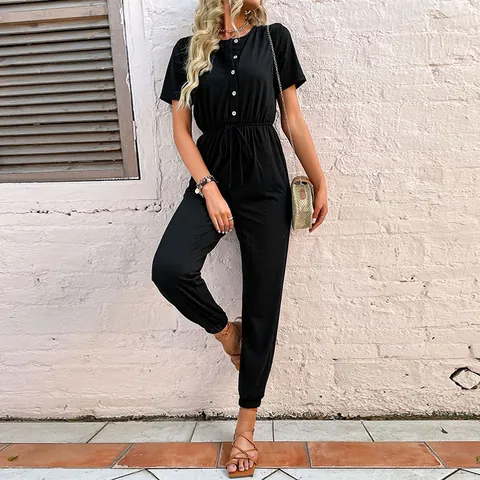 Damen Casual Kurzarm Jumpsuit Hohe Taille Kordelzug Knöpfe Konisch Hose Einfarbig Polyester Baumwollmischung Einteiler