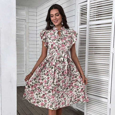 Damen Elegant Französisch Blumendruck Flatterärmel Midi Kleid Hohe Taille Plissee Bindehals A-Linie Casual Urlaubskleid