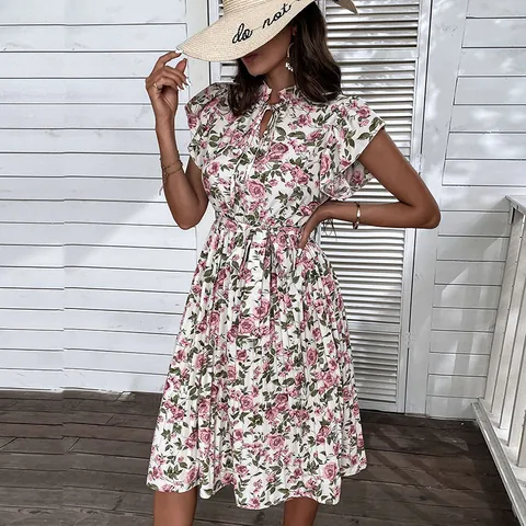 Damen Elegant Französisch Blumendruck Flatterärmel Midi Kleid Hohe Taille Plissee Bindehals A-Linie Casual Urlaubskleid