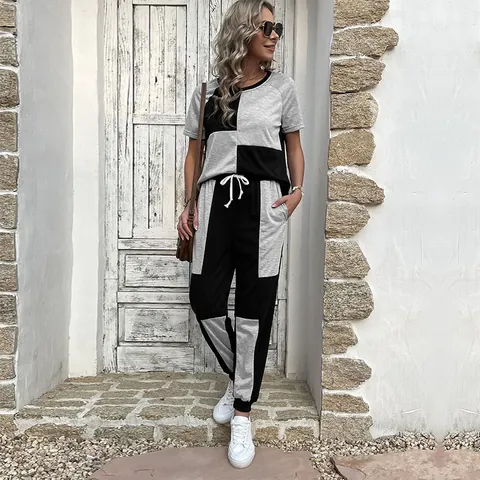 Damen Casual Color Block Kurzarm Rundhals Top Und Jogginghose Set Polyester Elasthan Zweiteiler Lounge Trainingsanzug
