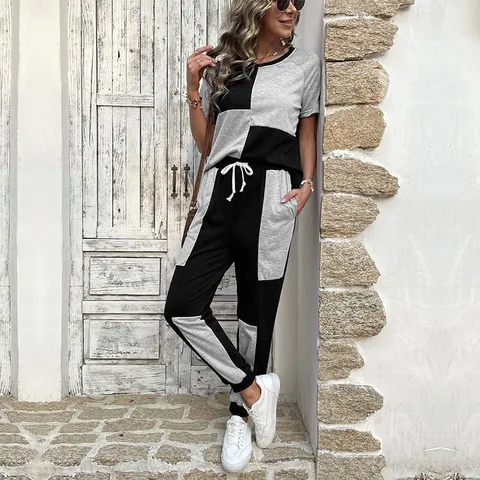 Damen Casual Color Block Kurzarm Rundhals Top Und Jogginghose Set Polyester Elasthan Zweiteiler Lounge Trainingsanzug
