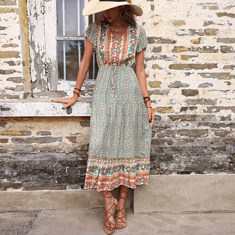 Bohemian Floral Paisley V Neck Short Sleeve Maxi Dress Drawstring Waist Vintage Tiered A-Line Summer Vacation Dress Women