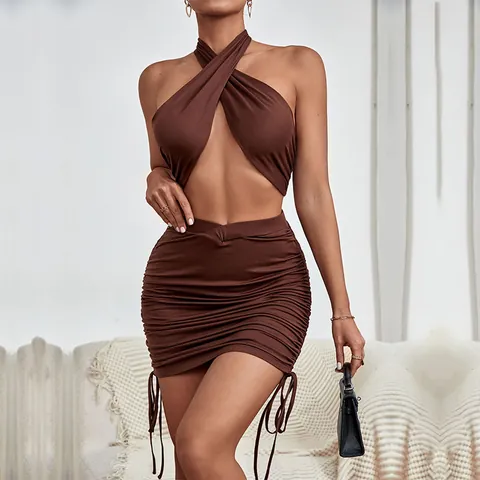 Women Sexy Two Piece Set Criss Cross Halter Crop Top And Ruched Drawstring Mini Skirt Coffee Brown Solid Slim Fit Summer Outfit