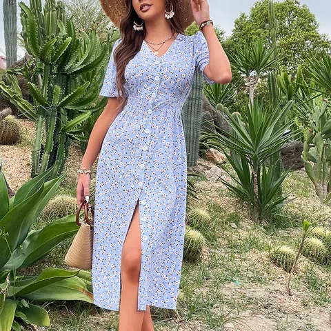 Abito Maxi Floreale Stile Francese Scollo a V per Donna Manica Corta Bottone Frontale Spacco Laterale Vacanza Estate Casual