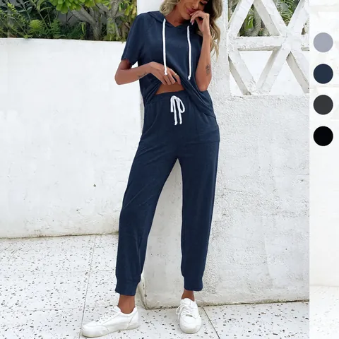 Women's Casual Short Sleeve Hooded Sweatshirt And Drawstring Jogger Pants Sweatpants Set Solid Color Loungewear Outfit