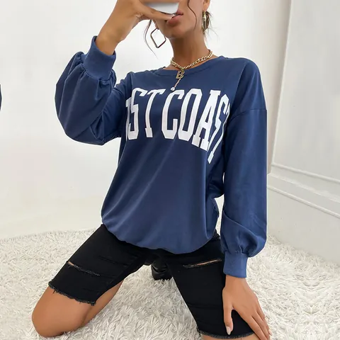 Sudadera Casual para Mujer Con Estampado de Letras West Coast Mezcla de Algodón Cuello Redondo Manga Larga Hombro Caído Azul Real