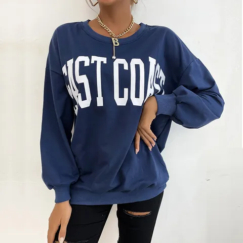 Sudadera Casual para Mujer Con Estampado de Letras West Coast Mezcla de Algodón Cuello Redondo Manga Larga Hombro Caído Azul Real