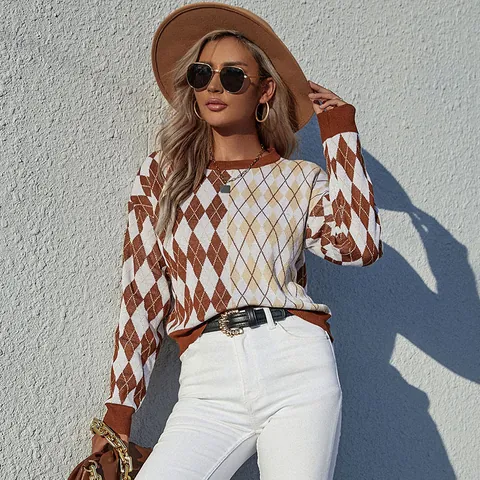 Women Retro Argyle Pattern Pullover Sweater Round Neck Long Sleeve Loose Knit Top Coffee Brown Casual Jumper