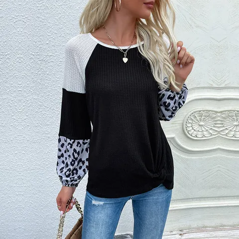 T-Shirt da Donna Casual in Maglia a Nido d'Ape con Stampa Leopardata Colorblock Top a Manica Lunga con Nodo Intrecciato Moda Patchwork Girocollo Pullover
