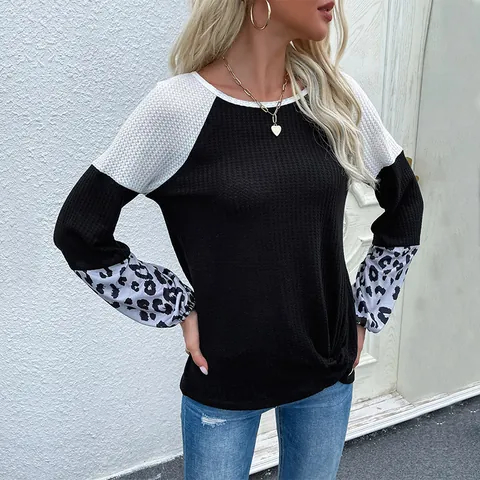 T-Shirt da Donna Casual in Maglia a Nido d'Ape con Stampa Leopardata Colorblock Top a Manica Lunga con Nodo Intrecciato Moda Patchwork Girocollo Pullover