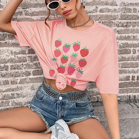 Dames Casual Aardbeienprint Oversized T-Shirt Ronde Hals Korte Mouwen Polyester Spandex Zomer Loose Fit Fashion Top