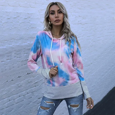 Women Casual Tie-Dye Hoodie Sweatshirt Striped Patchwork Long Sleeve Hooded Top Loose Fit Cotton Blend Streetwear