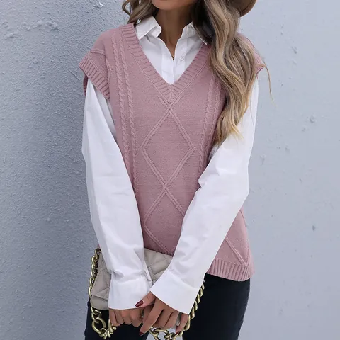 Women V-Neck Cable Knit Sweater Vest Sleeveless Loose Fit Pullover Solid Mauve Pink Polyester Knitwear For Autumn Spring