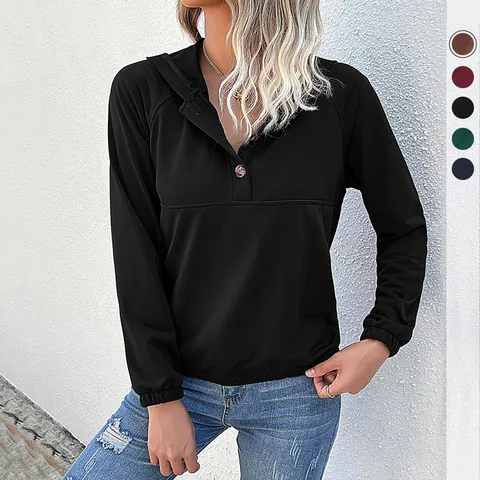 Women Casual Hoodie Long Sleeve Button Raglan Sleeve Pullover Solid Color Sweatshirt Polyester Spandex Autumn Winter Top