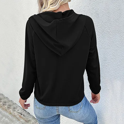 Women Casual Hoodie Long Sleeve Button Raglan Sleeve Pullover Solid Color Sweatshirt Polyester Spandex Autumn Winter Top