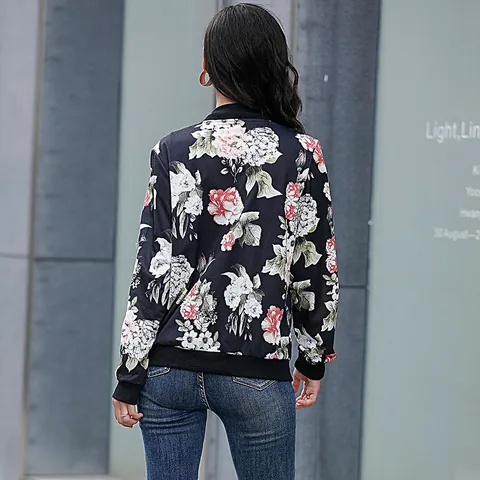 Giacca Bomber Donna Vintage Stampa Floreale Manica Lunga Zip Baseball Cappotto Casual Streetwear Capispalla Autunno Inverno