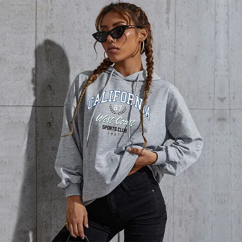 Felpa con Cappuccio da Donna Casual con Stampa Lettere California in Misto Cotone Pullover a Maniche Lunghe con Tasca a Canguro