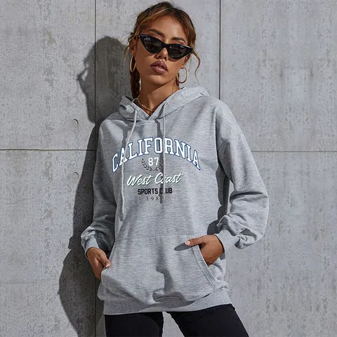 Felpa con Cappuccio da Donna Casual con Stampa Lettere California in Misto Cotone Pullover a Maniche Lunghe con Tasca a Canguro