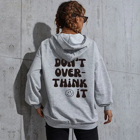 Felpa con Cappuccio da Donna in Misto Cotone con Stampa di Lettere Oversize a Maniche Lunghe con Tasca a Marsupio