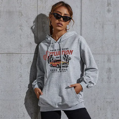 Women's American Retro Vintage Racing Car Print Hoodie Oversized Loose Cotton Blend Hooded Pullover Sweatshirt For Autumn Winter