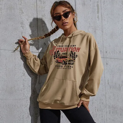 Women's American Retro Vintage Racing Car Print Hoodie Oversized Loose Cotton Blend Hooded Pullover Sweatshirt For Autumn Winter